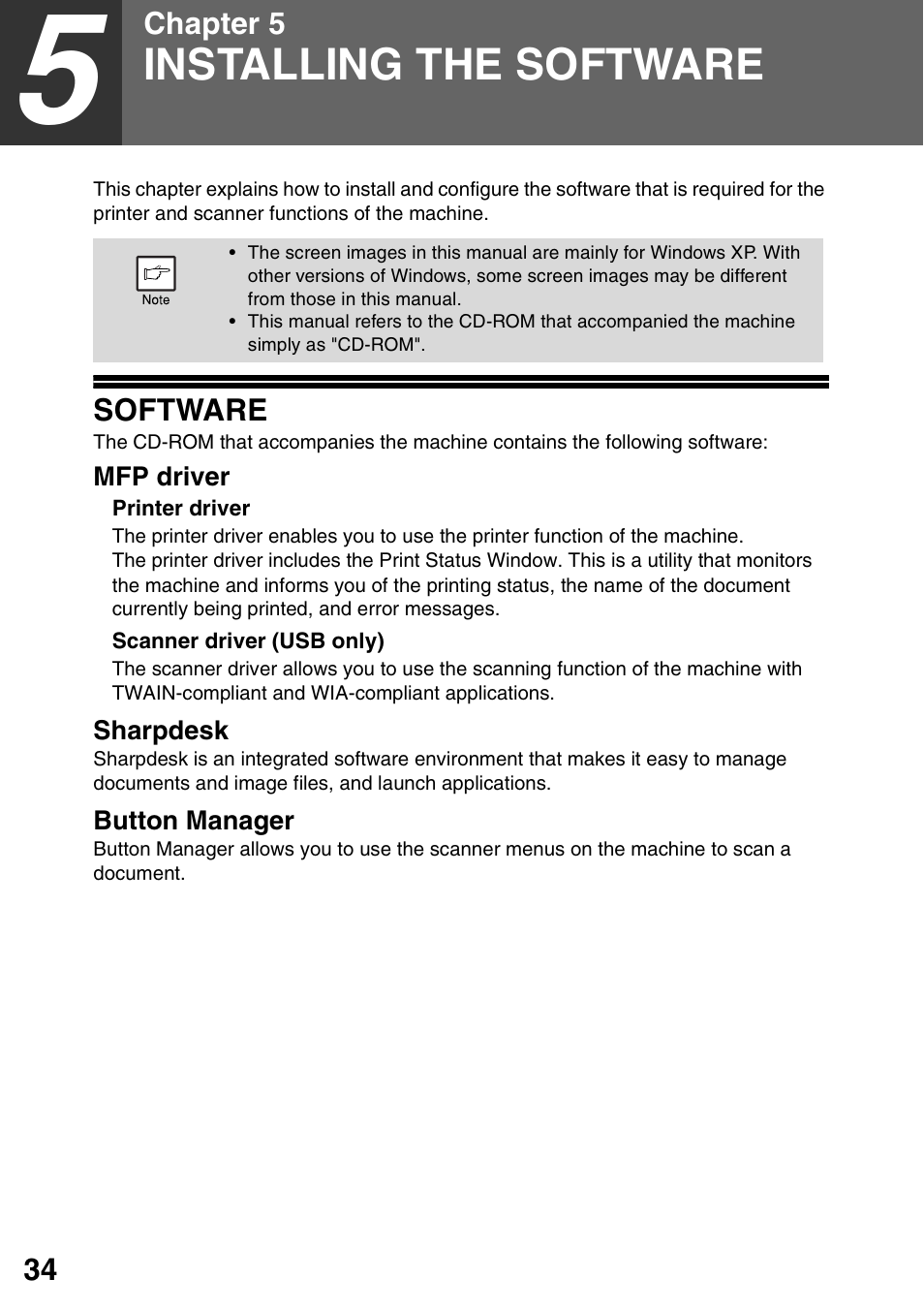 Installing the software, Software, 5 installing the software | Sharp MX-B201D User Manual | Page 35 / 117