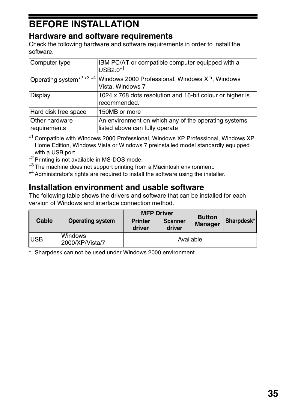 Before installation, 35 before installation, Hardware and software requirements | Installation environment and usable software | Sharp MX-B201D User Manual | Page 36 / 117