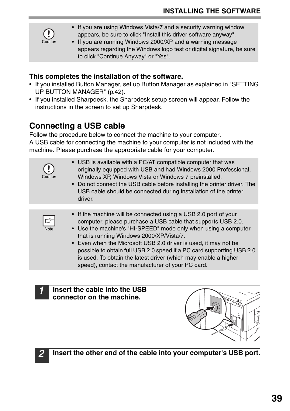 Connecting a usb cable | Sharp MX-B201D User Manual | Page 40 / 117