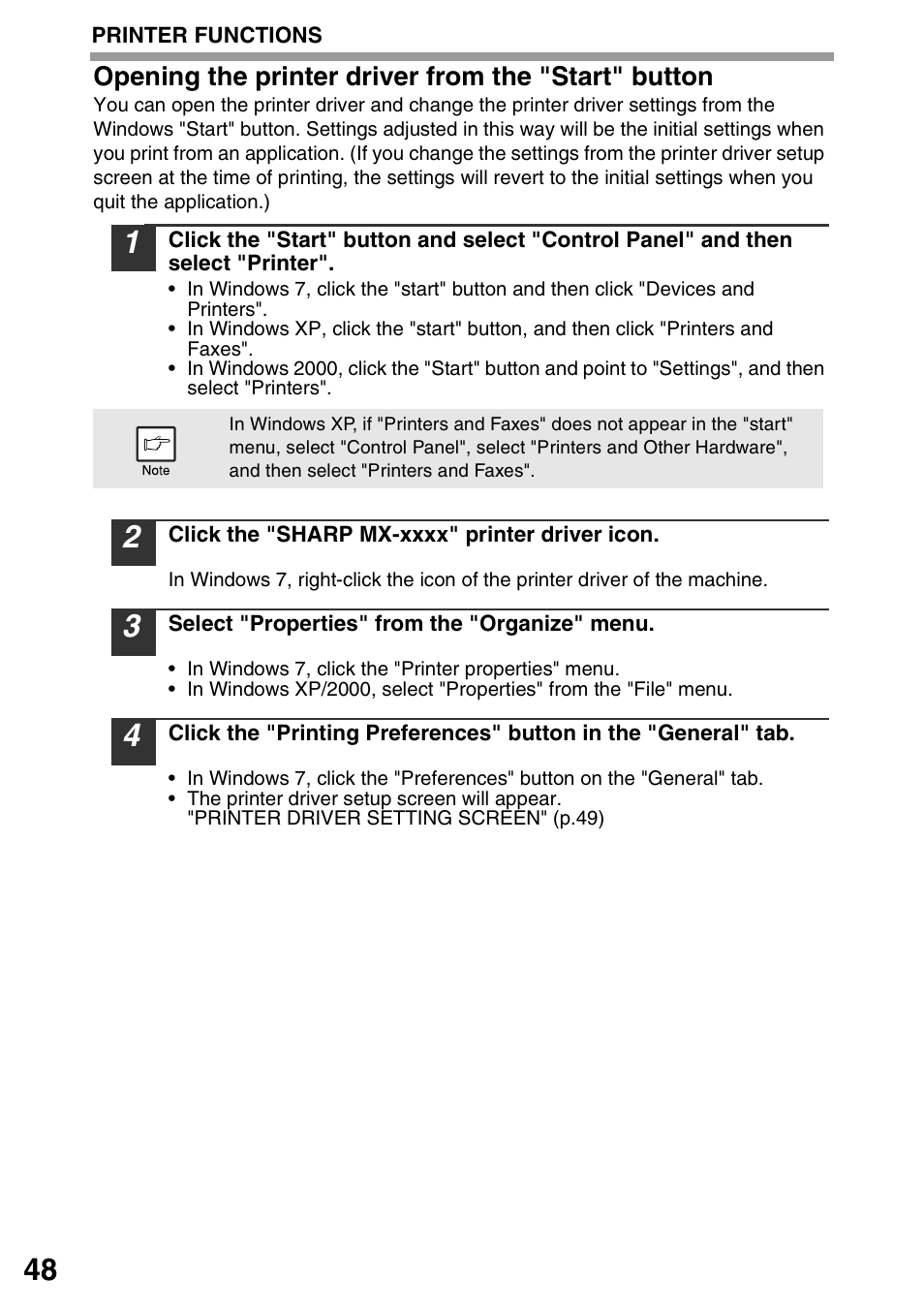 Opening the printer driver from the "start" button | Sharp MX-B201D User Manual | Page 49 / 117