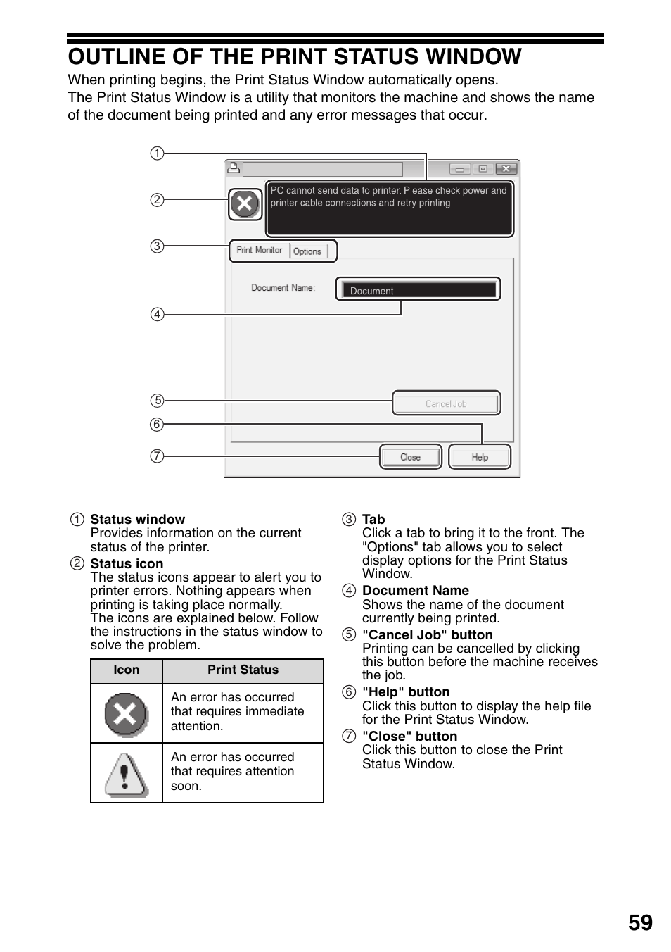 Outline of the print status window, 59 outline of the print status window | Sharp MX-B201D User Manual | Page 60 / 117