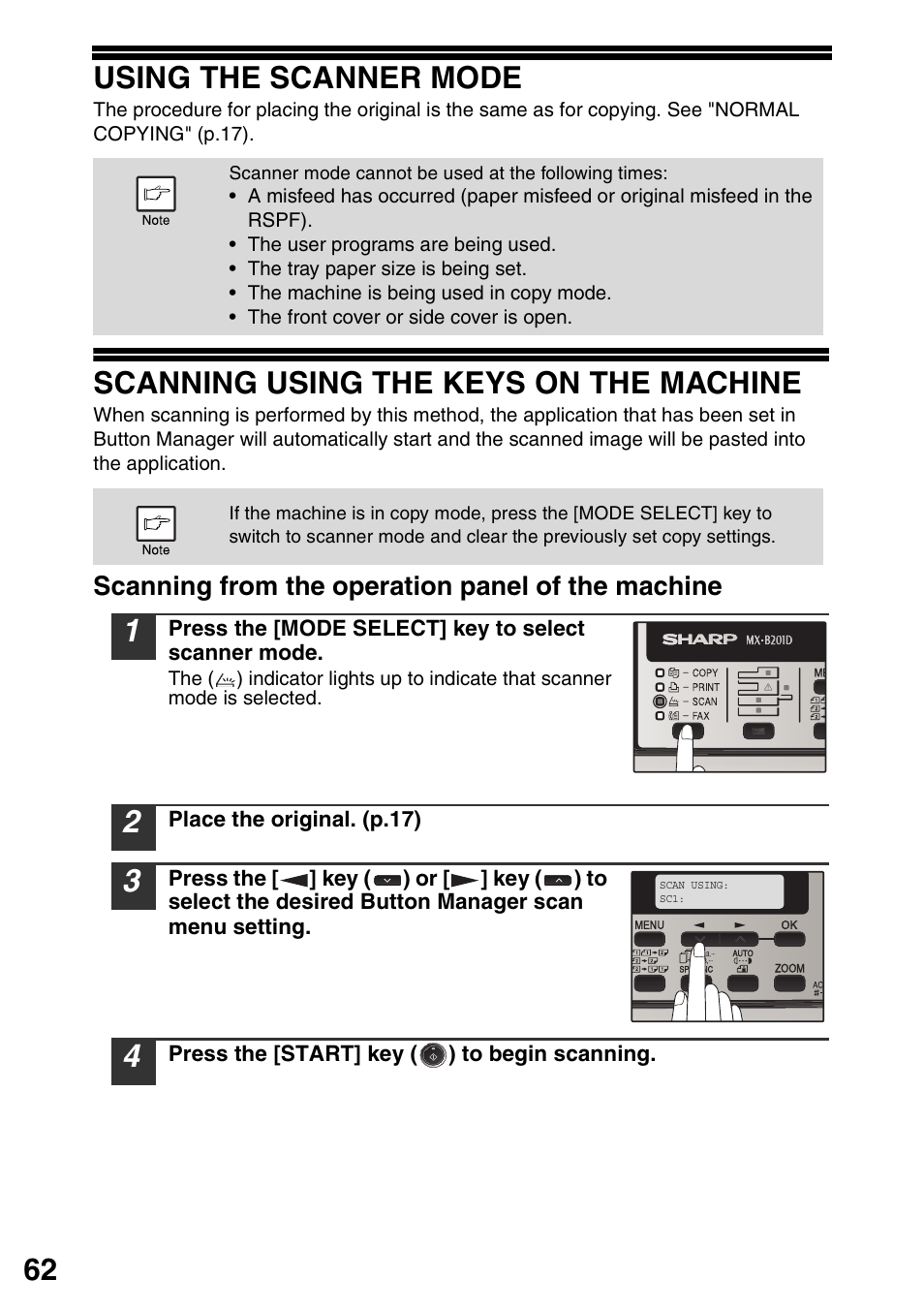 Using the scanner mode, Scanning using the keys on the machine, Scanning using the keys on the machine" (p.62) | Scanning using the, Keys on the, Machine" (p.62), 62 using the scanner mode, Scanning from the operation panel of the machine | Sharp MX-B201D User Manual | Page 63 / 117