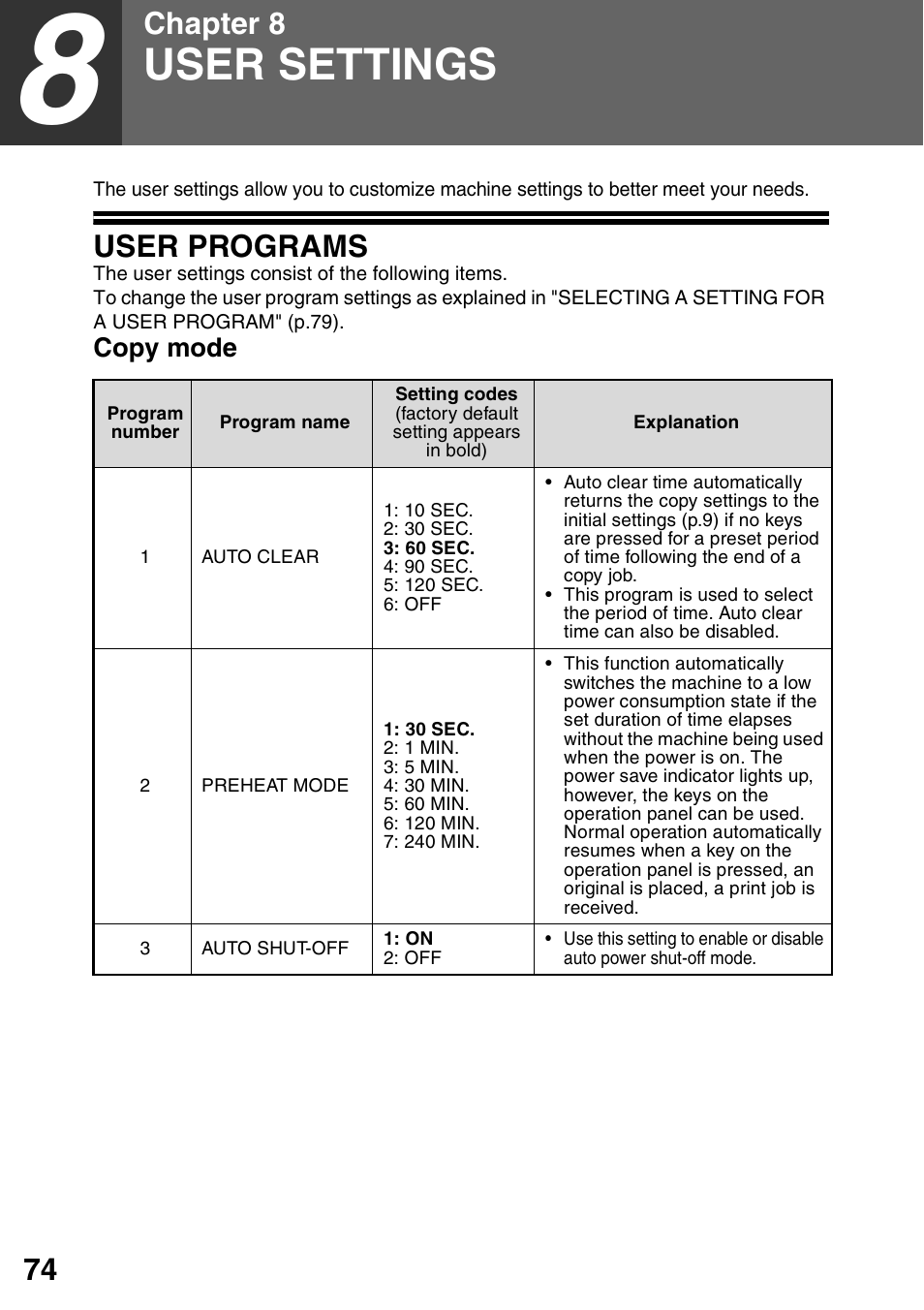 User settings, User programs, 8 user settings | P.74, User programs" (p.74), Chapter 8 | Sharp MX-B201D User Manual | Page 75 / 117