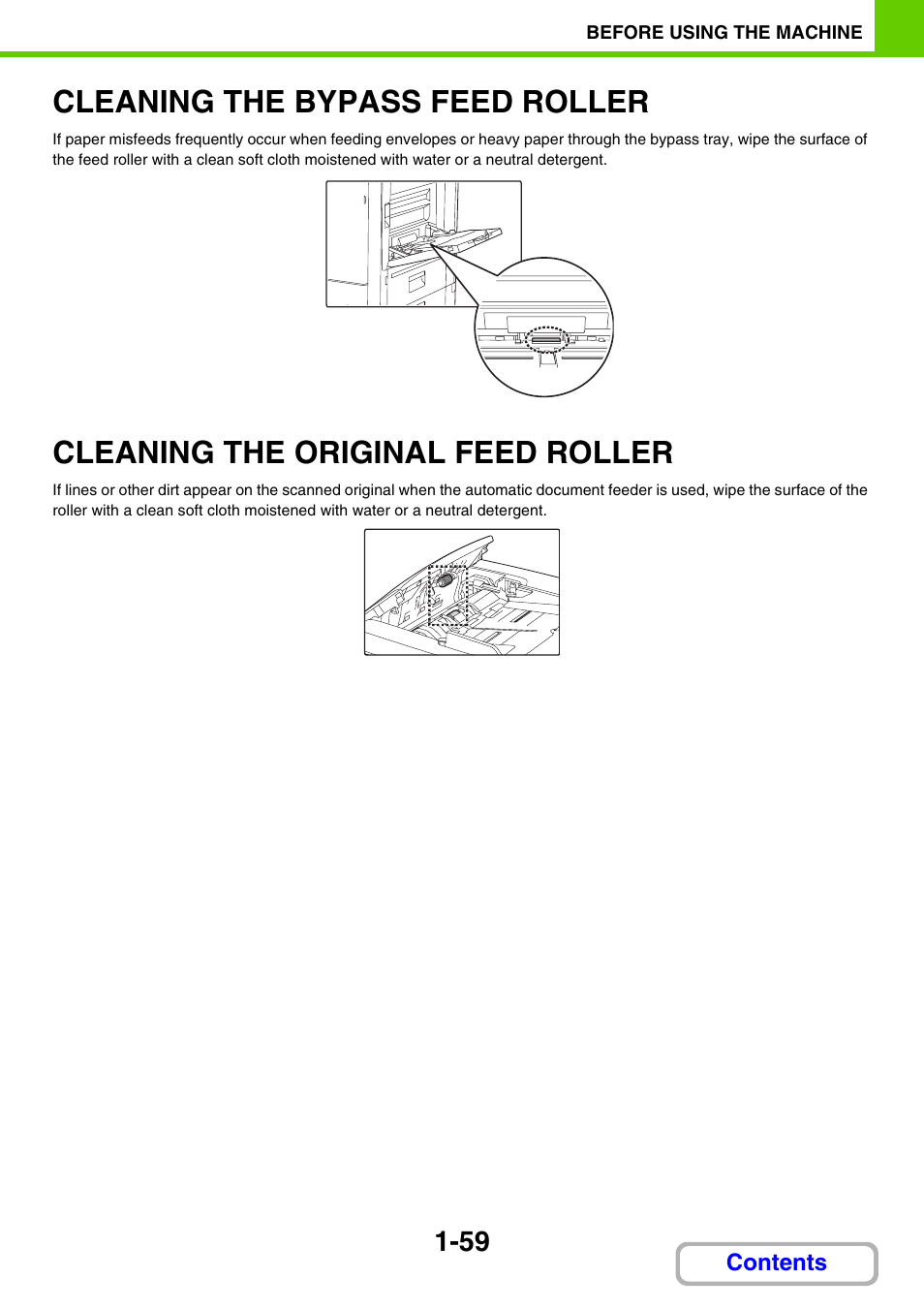 Clean the original feed roller, Clean the bypass feed roller, Cleaning the bypass feed roller -59 | Cleaning the original feed, Roller -59, Cleaning the bypass feed roller, Cleaning the original feed roller | Sharp MX-2614N User Manual | Page 100 / 836