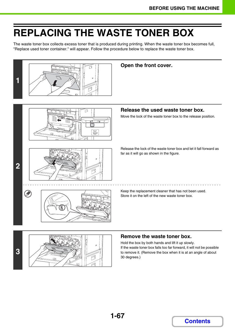 Replace the, Waste toner box, Replacing the waste toner box -67 | Replacing the waste toner box | Sharp MX-2614N User Manual | Page 108 / 836