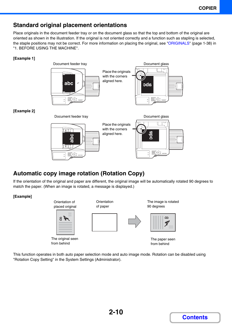 Contents standard original placement orientations, Automatic copy image rotation (rotation copy) | Sharp MX-2614N User Manual | Page 122 / 836