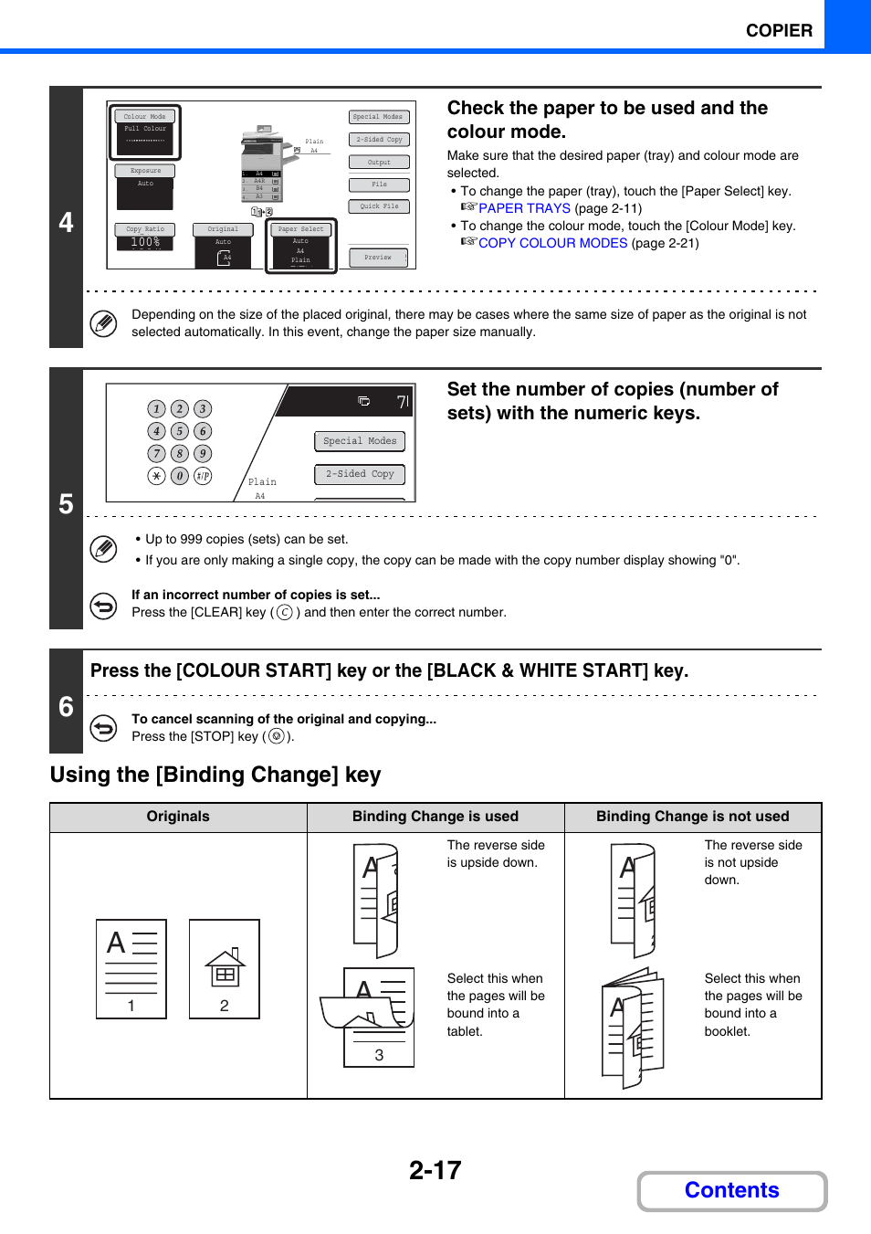 Using the [binding change] key, Contents using the [binding change] key, Check the paper to be used and the colour mode | Copier | Sharp MX-2614N User Manual | Page 129 / 836