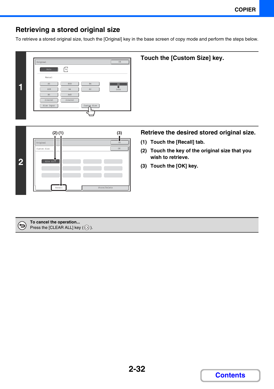 Contents retrieving a stored original size, Touch the [custom size] key, Retrieve the desired stored original size | Copier | Sharp MX-2614N User Manual | Page 144 / 836