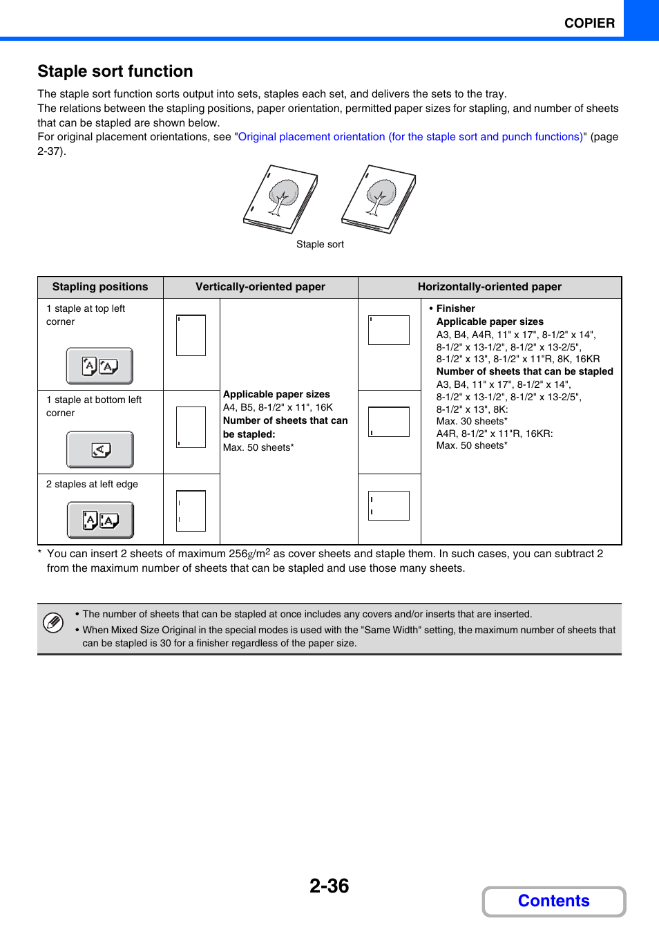 Staple sort function, E 2-36), Contents staple sort function | Sharp MX-2614N User Manual | Page 148 / 836