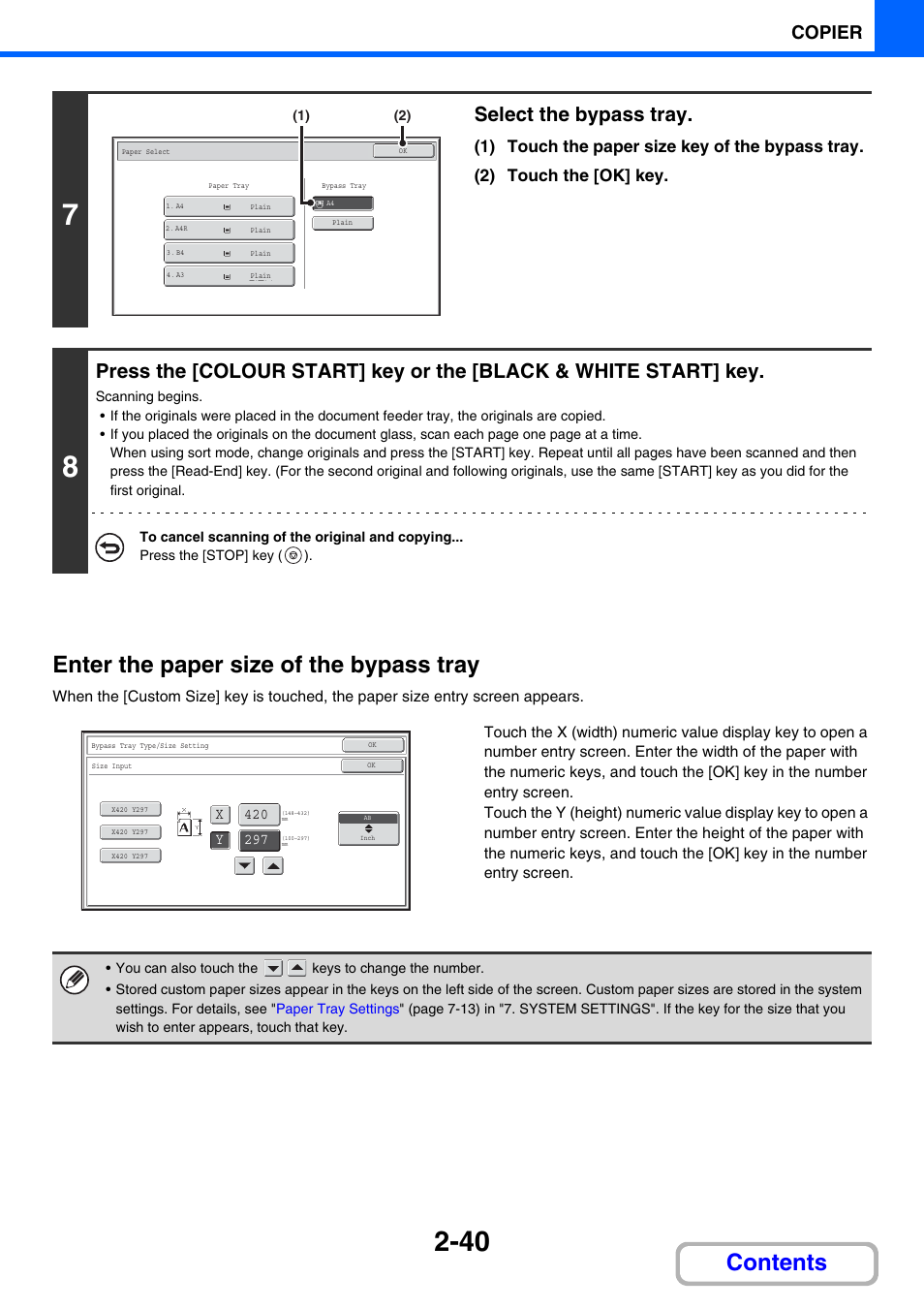 Enter the paper size of the bypass tray, Contents enter the paper size of the bypass tray, Select the bypass tray | Copier | Sharp MX-2614N User Manual | Page 152 / 836