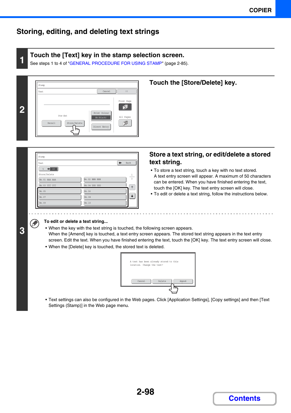 Storing, editing, and deleting text strings, Touch the [text] key in the stamp selection screen, Touch the [store/delete] key | Copier | Sharp MX-2614N User Manual | Page 210 / 836