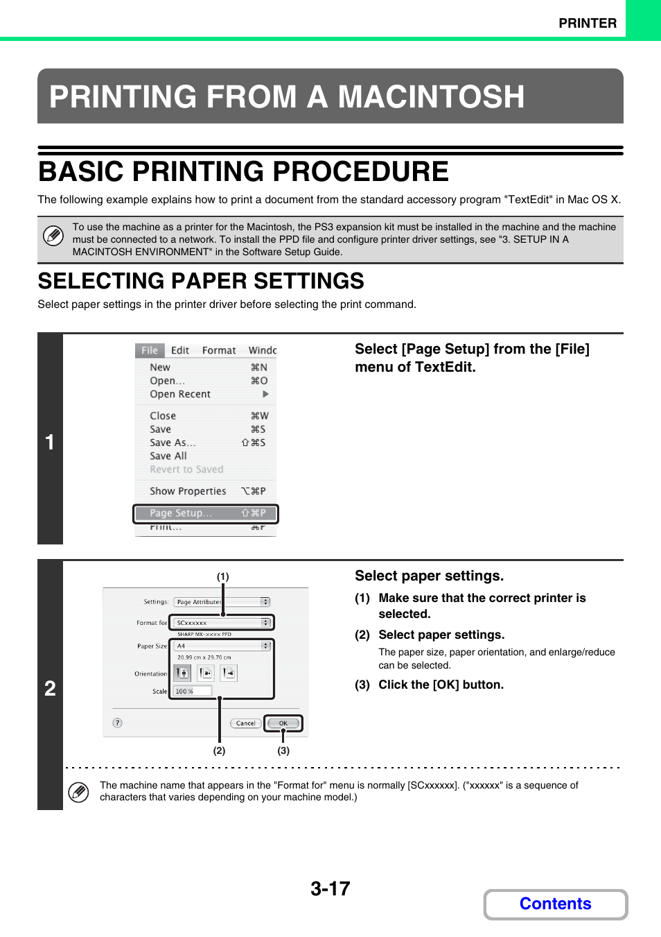 Printing from a macintosh, Basic printing procedure -17, Selecting paper settings -17 | Basic printing procedure, Selecting paper settings | Sharp MX-2614N User Manual | Page 282 / 836