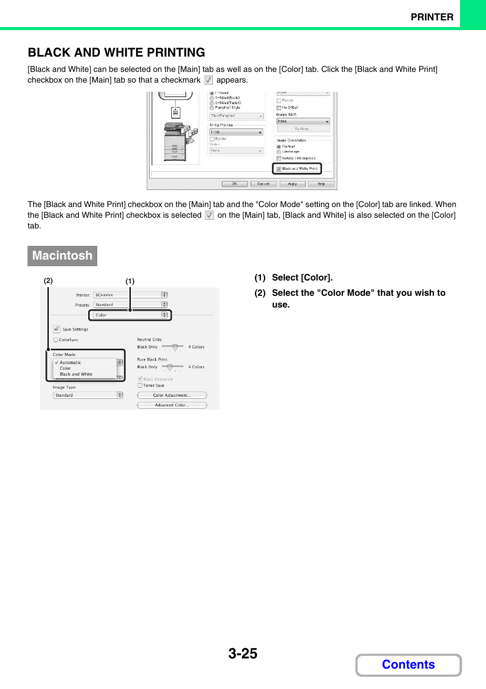 Black and, White printing, Black and white | Printing, Contents black and white printing, Macintosh | Sharp MX-2614N User Manual | Page 290 / 836