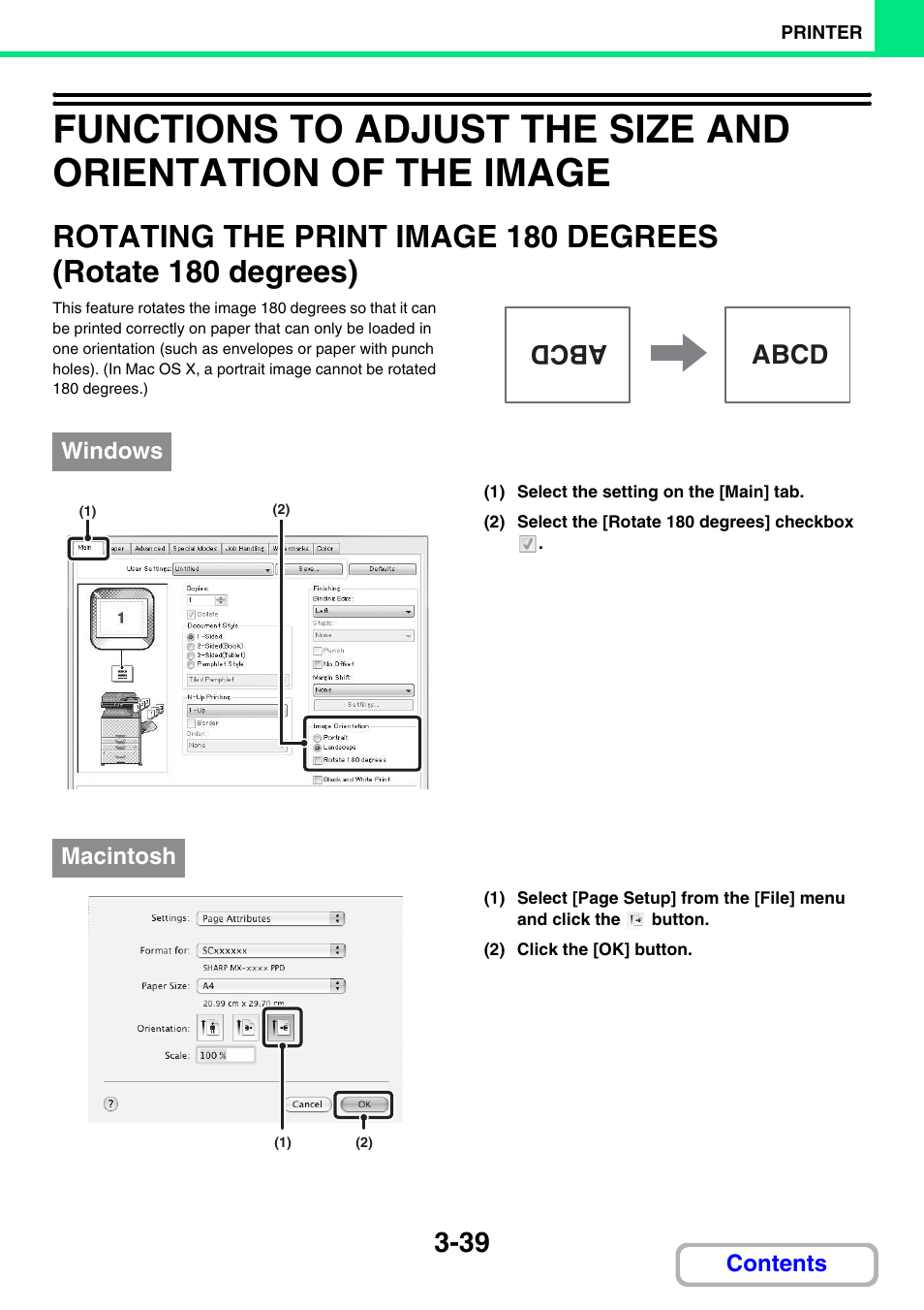 Rotate the image 180 degrees, Rotating the print image 180, Degrees (rotate 180 degrees) -39 | Ge 3-39), Rotating the print image 180 degrees (rotate 180, Degrees), E 3-39), Abcd | Sharp MX-2614N User Manual | Page 304 / 836