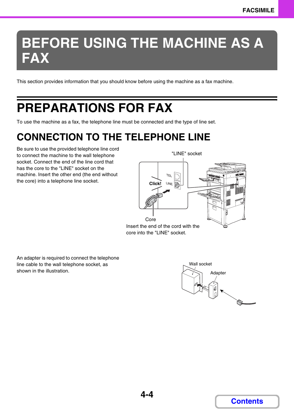 Before using the machine as a fax, Preparations for fax -4, Connection to the telephone | Line -4, Preparations for fax, Connection to the telephone line | Sharp MX-2614N User Manual | Page 349 / 836