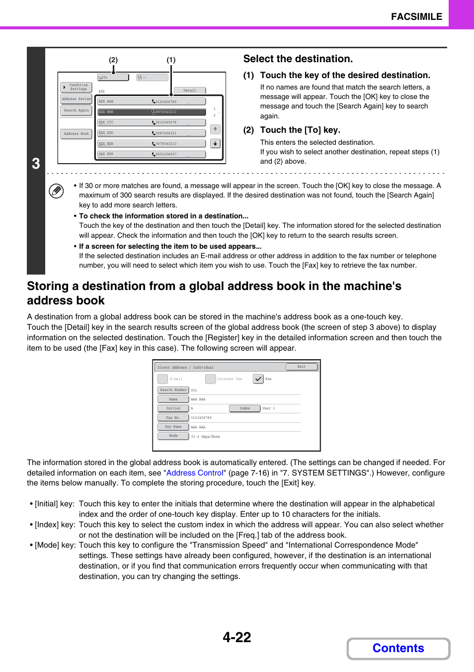 Select the destination, Facsimile, 1) touch the key of the desired destination | 2) touch the [to] key | Sharp MX-2614N User Manual | Page 367 / 836