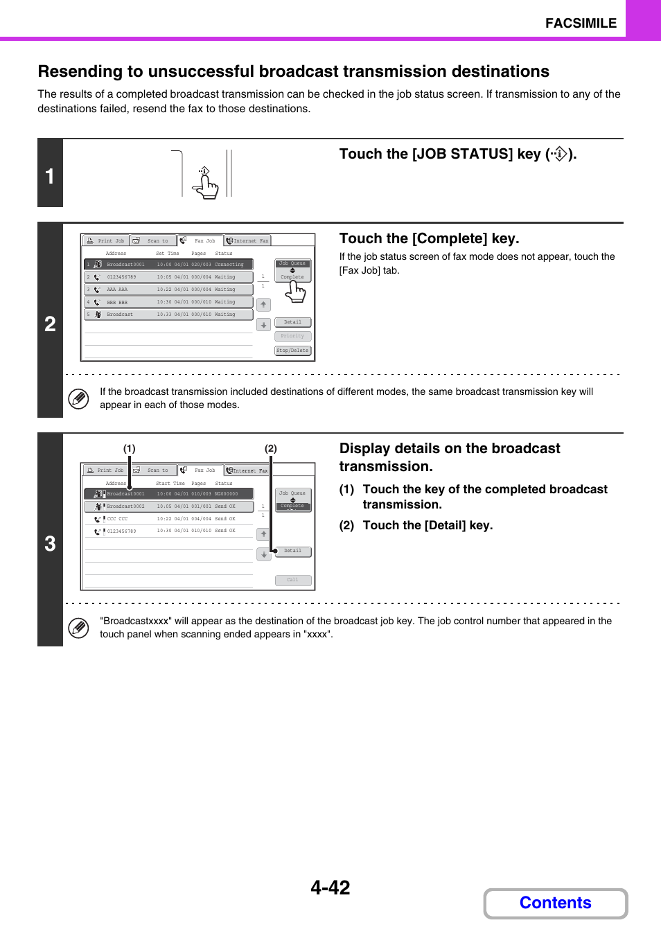 Touch the [job status] key ( ), Touch the [complete] key, Display details on the broadcast transmission | Facsimile | Sharp MX-2614N User Manual | Page 387 / 836