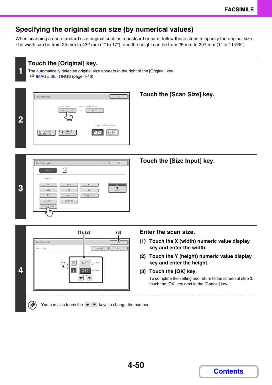 Ge 4-51, Touch the [original] key, Touch the [scan size] key | Touch the [size input] key, Enter the scan size, Facsimile | Sharp MX-2614N User Manual | Page 395 / 836