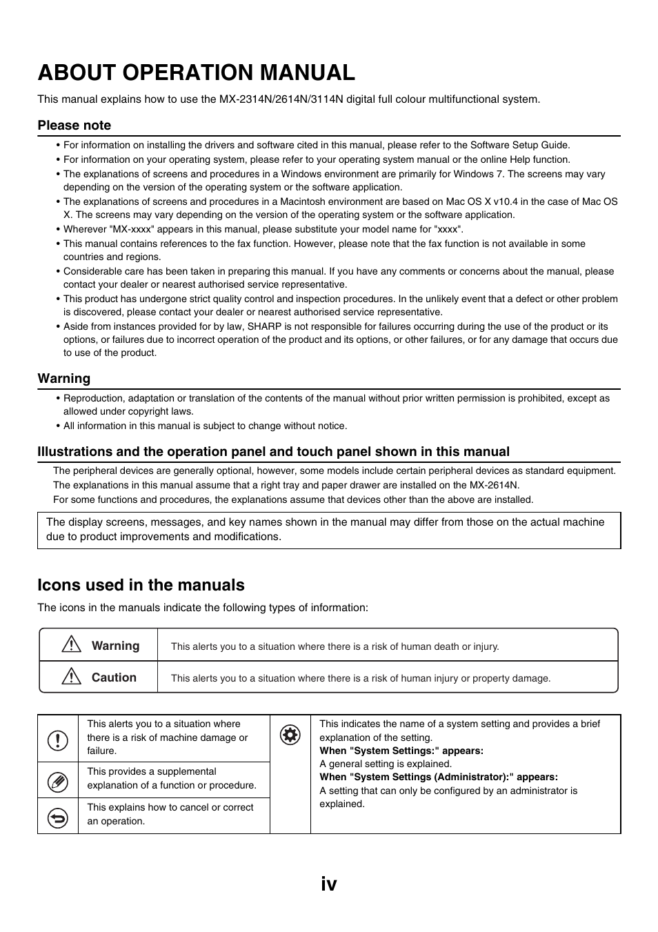 About operation manual, Icons used in the manuals | Sharp MX-2614N User Manual | Page 41 / 836