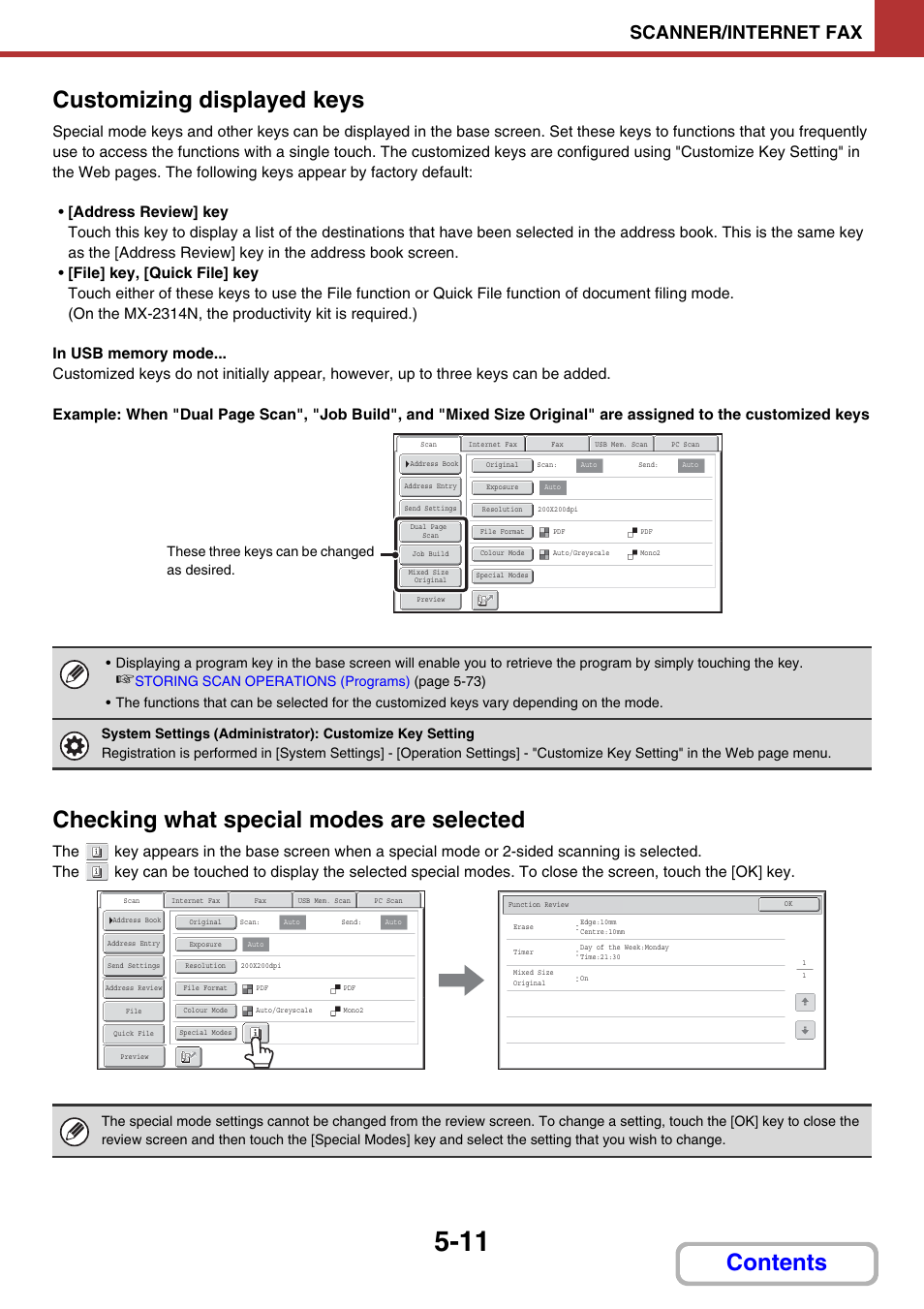 Customizing displayed keys, Checking what special modes are selected, Contents customizing displayed keys | Scanner/internet fax, These three keys can be changed as desired | Sharp MX-2614N User Manual | Page 494 / 836