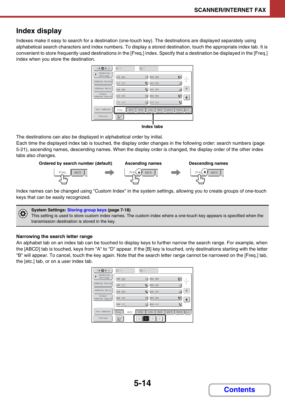 Index display, Contents index display, Scanner/internet fax | Index tabs | Sharp MX-2614N User Manual | Page 497 / 836