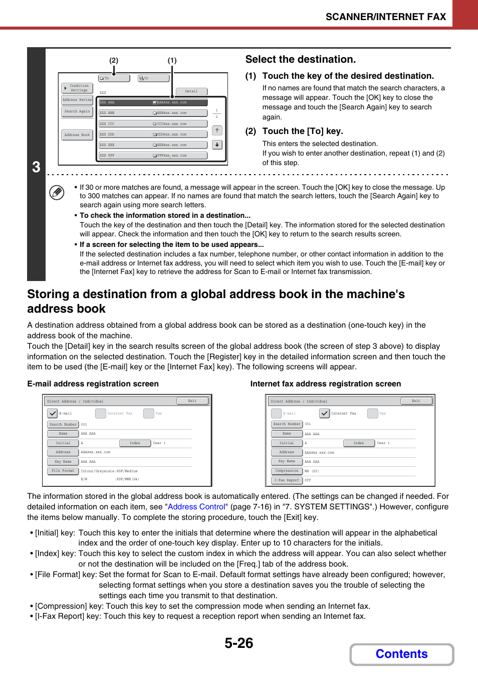 Select the destination, Scanner/internet fax, 1) touch the key of the desired destination | 2) touch the [to] key | Sharp MX-2614N User Manual | Page 509 / 836