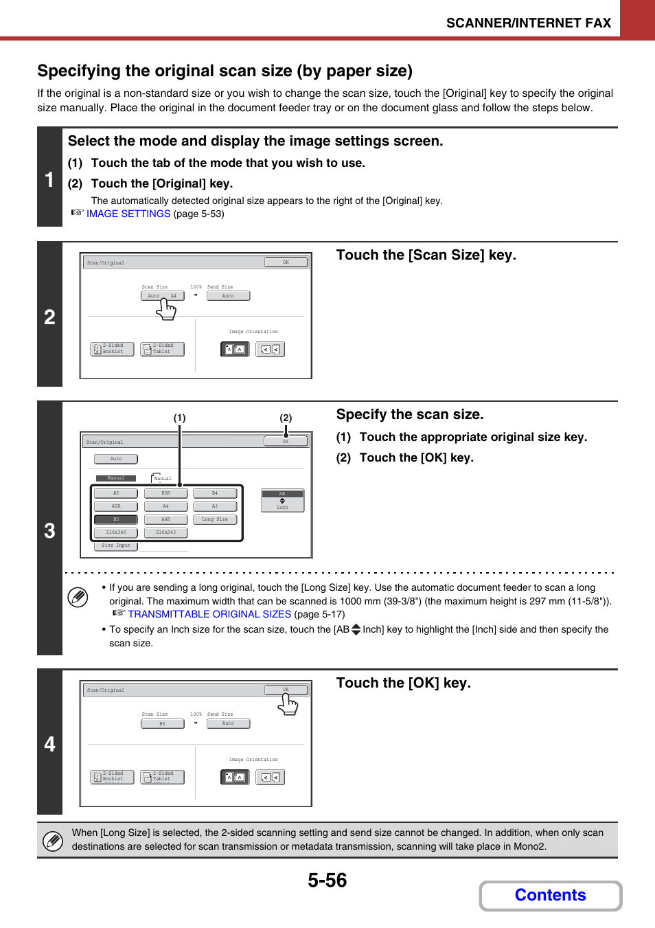 Specifying the original scan size (by paper size), E 5-56, Touch the [scan size] key | Specify the scan size, Touch the [ok] key, Scanner/internet fax | Sharp MX-2614N User Manual | Page 539 / 836