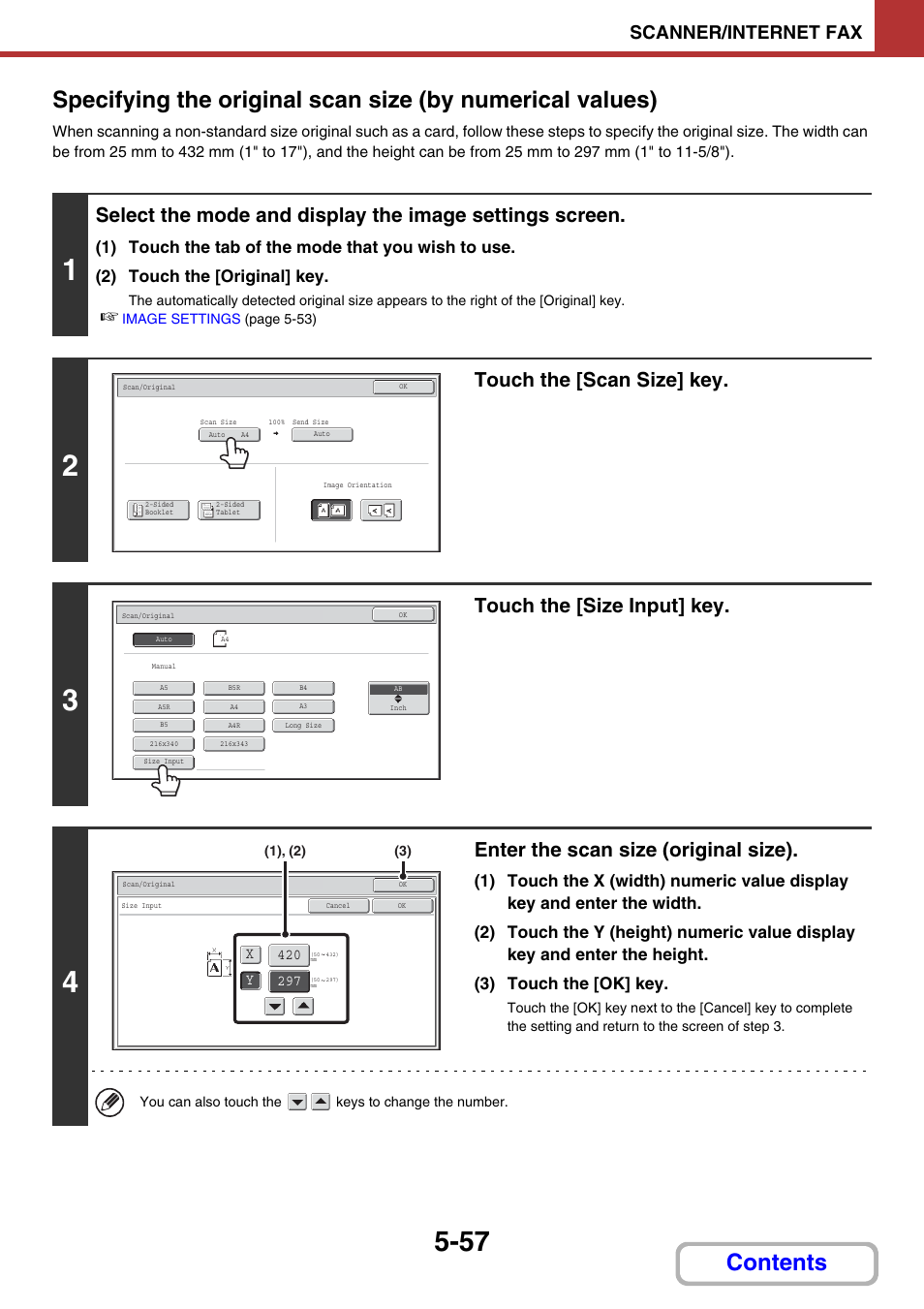 Ge 5-57, Touch the [scan size] key, Touch the [size input] key | Enter the scan size (original size), Scanner/internet fax | Sharp MX-2614N User Manual | Page 540 / 836