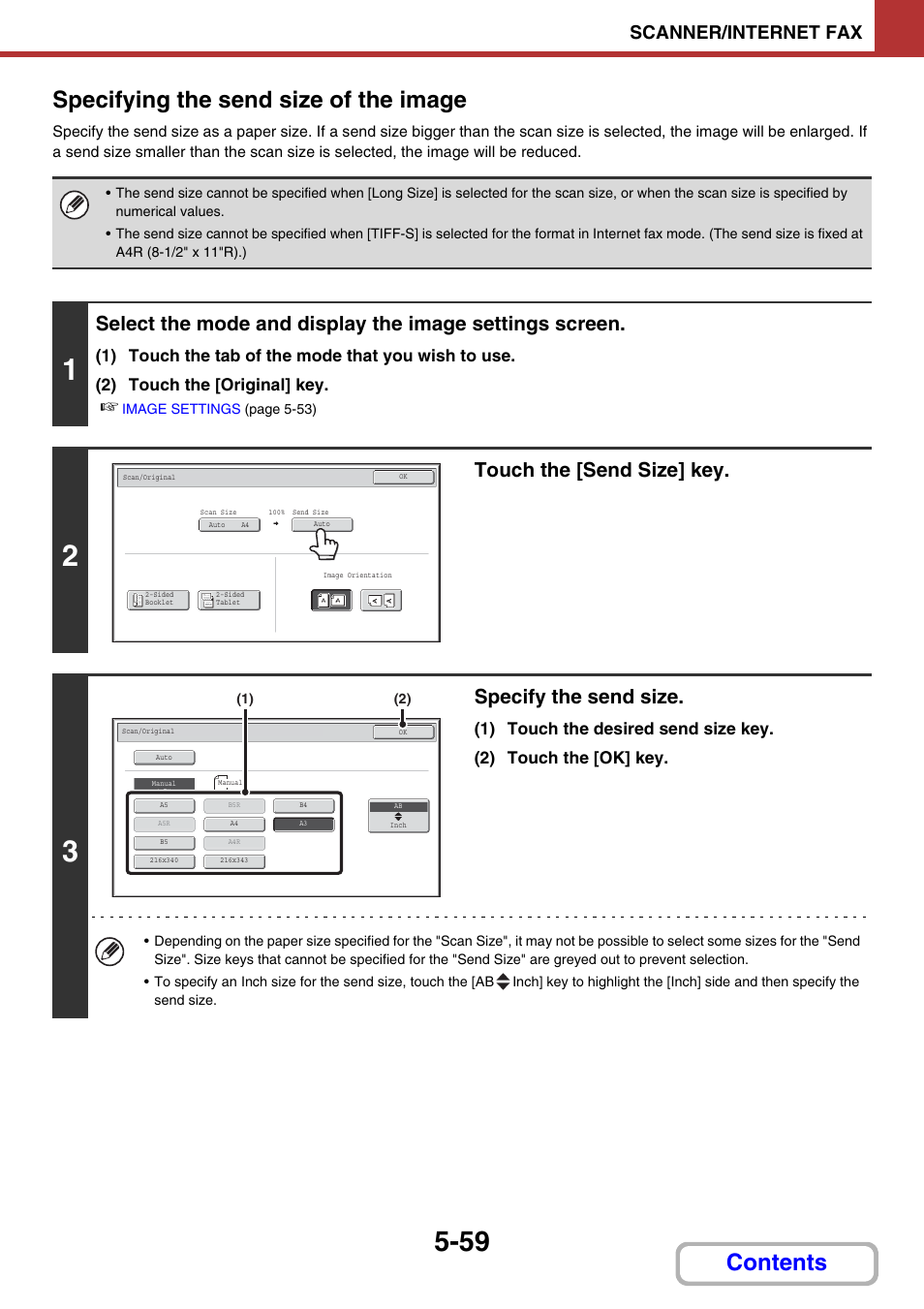 Contents specifying the send size of the image, Touch the [send size] key, Specify the send size | Scanner/internet fax | Sharp MX-2614N User Manual | Page 542 / 836