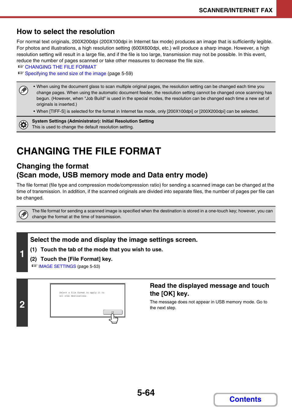 Compress a file before sending, Changing the file format -64, Changing the file | Format, E 5-64), Changing the, File format, Changing the file format, Contents how to select the resolution | Sharp MX-2614N User Manual | Page 547 / 836