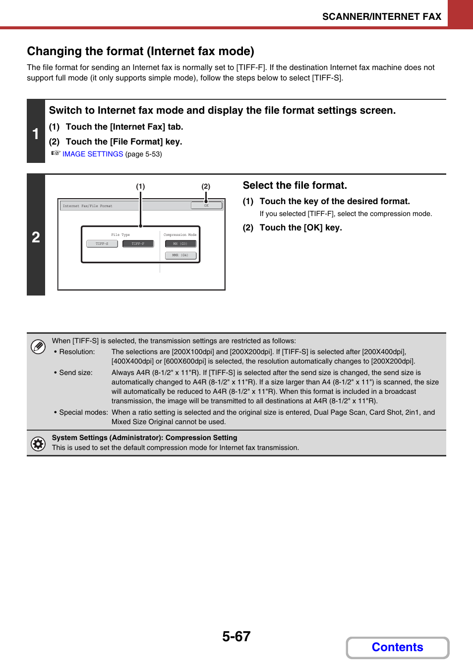 Contents changing the format (internet fax mode), Select the file format, Scanner/internet fax | Sharp MX-2614N User Manual | Page 550 / 836