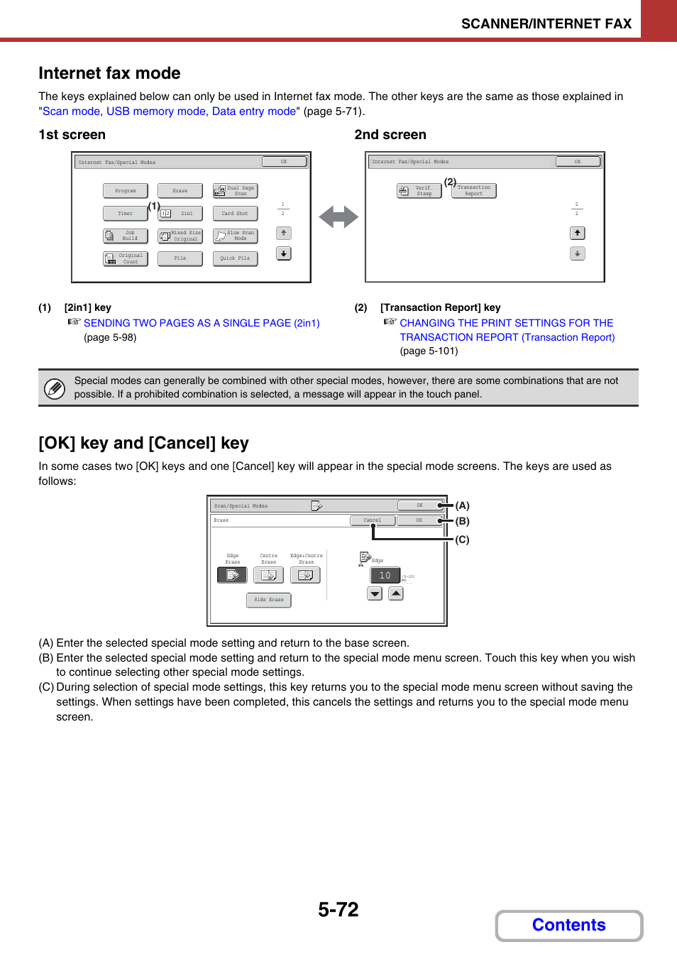 Internet fax mode, Contents internet fax mode, Ok] key and [cancel] key | Scanner/internet fax, 1st screen 2nd screen | Sharp MX-2614N User Manual | Page 555 / 836