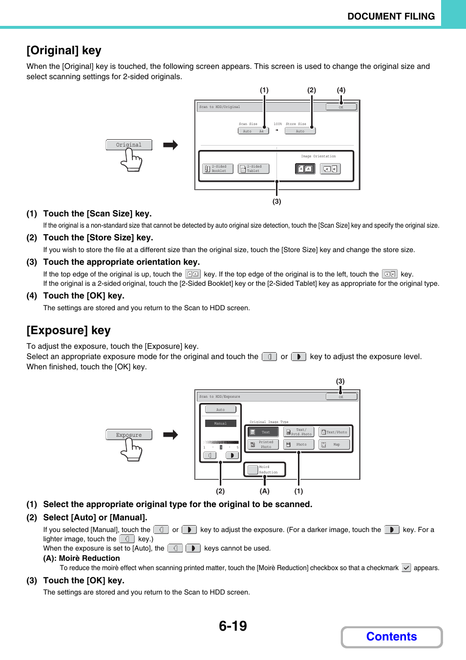 Original] key, E 6-19), Contents [original] key | Exposure] key, Document filing, 1) touch the [scan size] key, 2) touch the [store size] key, 3) touch the appropriate orientation key, 4) touch the [ok] key, 3) touch the [ok] key | Sharp MX-2614N User Manual | Page 635 / 836