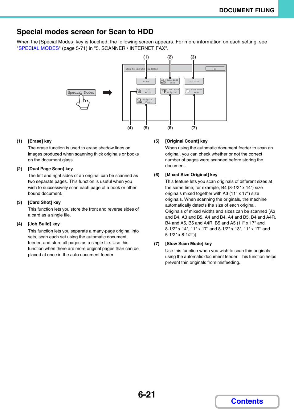 Special modes screen for scan to hdd, Contents special modes screen for scan to hdd, Document filing | Sharp MX-2614N User Manual | Page 637 / 836