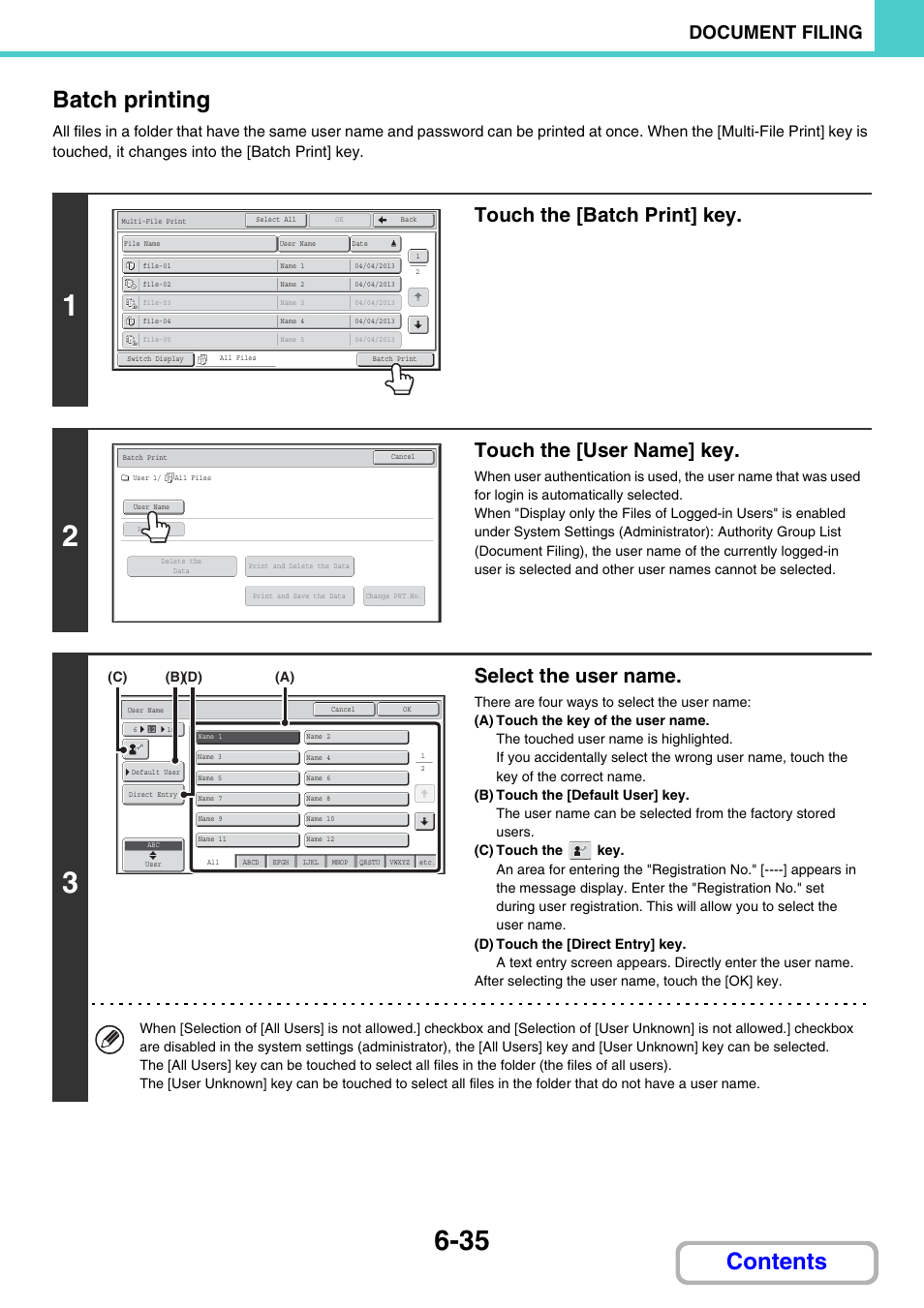 Batch printing, Contents batch printing, Touch the [batch print] key | Touch the [user name] key, Select the user name, Document filing | Sharp MX-2614N User Manual | Page 651 / 836