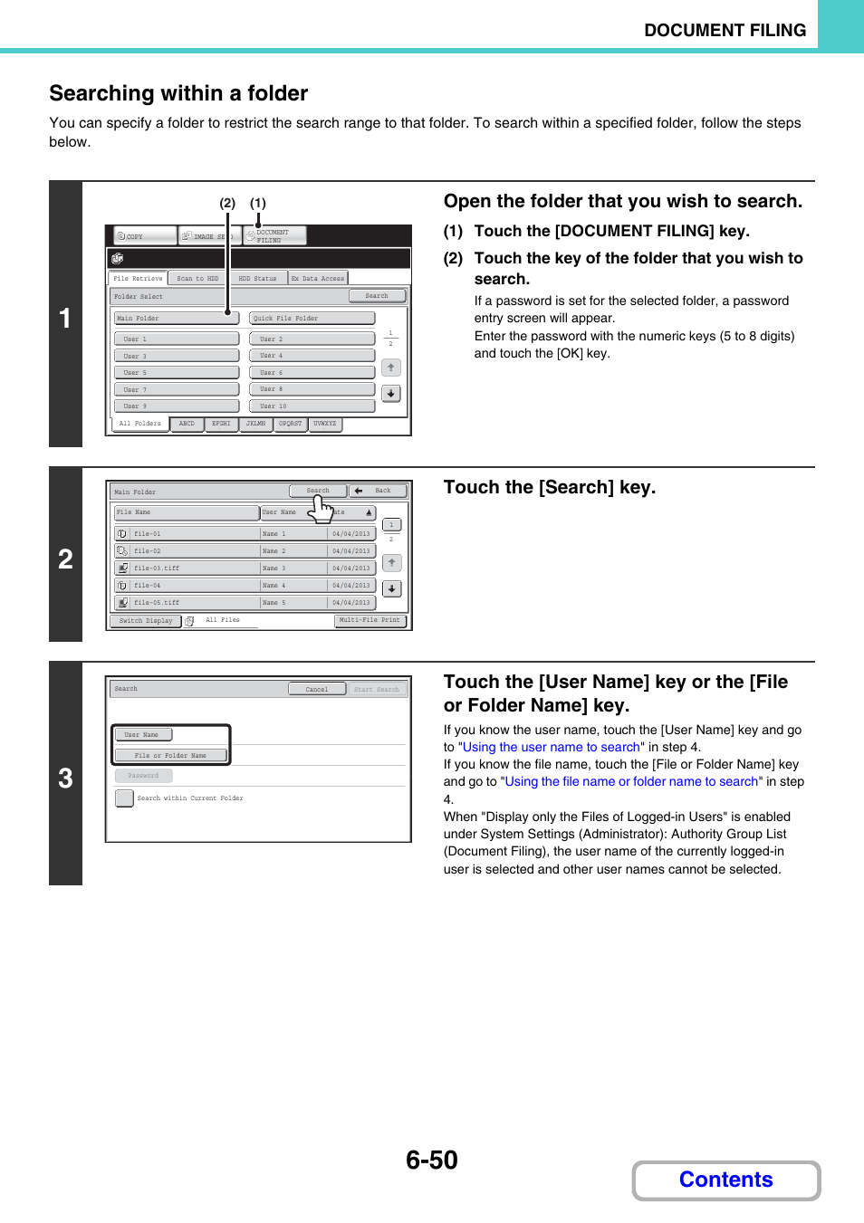 Contents searching within a folder, Open the folder that you wish to search, Touch the [search] key | Document filing | Sharp MX-2614N User Manual | Page 666 / 836