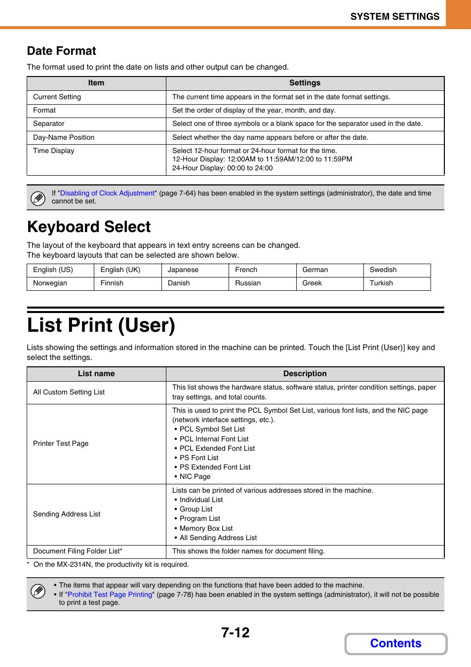 Z print a list of addresses, Z print a list of transmission destinations, Keyboard select -12 | List print (user) -12, Keyboard select, List print (user), Sendi, Documen, Contents date format | Sharp MX-2614N User Manual | Page 680 / 836