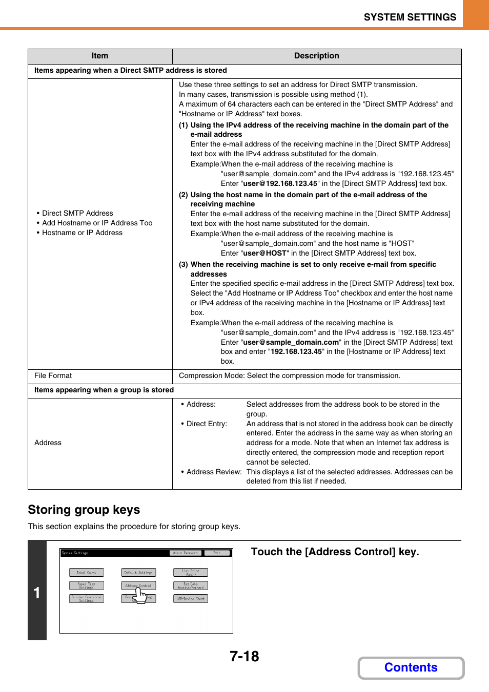 Storing group keys, E 7-18), Contents storing group keys | Touch the [address control] key | Sharp MX-2614N User Manual | Page 686 / 836