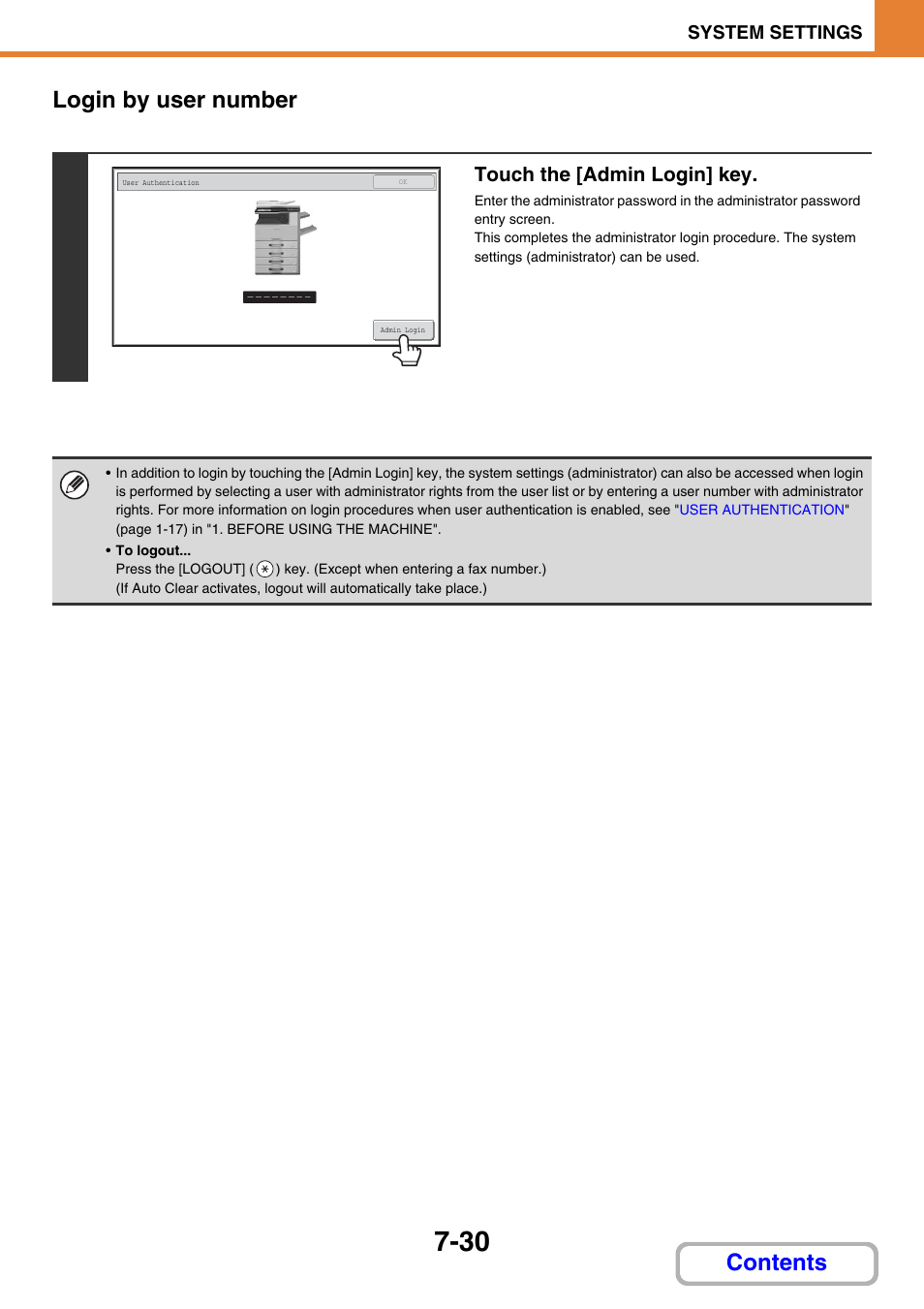 Contents login by user number, Touch the [admin login] key, System settings | Sharp MX-2614N User Manual | Page 698 / 836