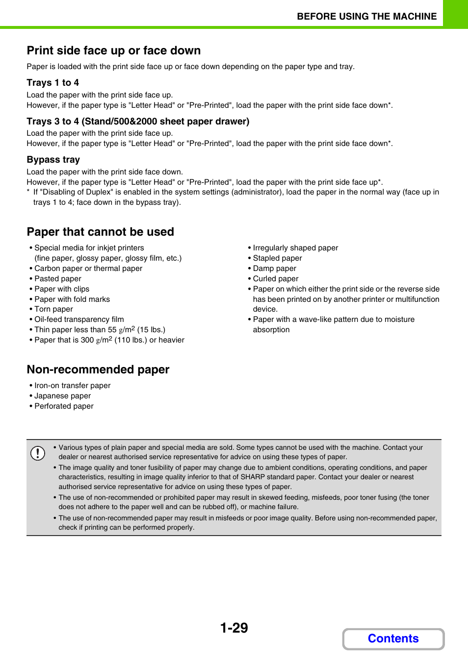 Contents print side face up or face down, Paper that cannot be used, Non-recommended paper | Sharp MX-2614N User Manual | Page 70 / 836