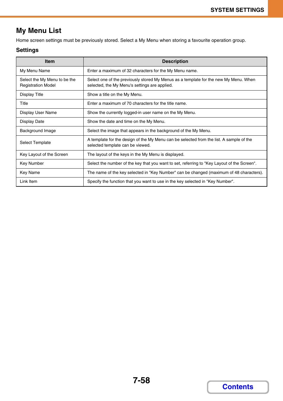 My menu list, Contents my menu list, System settings | Settings | Sharp MX-2614N User Manual | Page 726 / 836