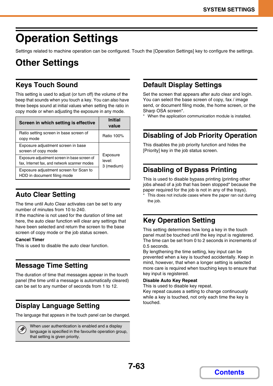 Operation settings -63, Other settings -63, Operation settings | Other settings, Keys touch sound, Auto clear setting, Message time setting, Display language setting, Default display settings, Disabling of job priority operation | Sharp MX-2614N User Manual | Page 731 / 836