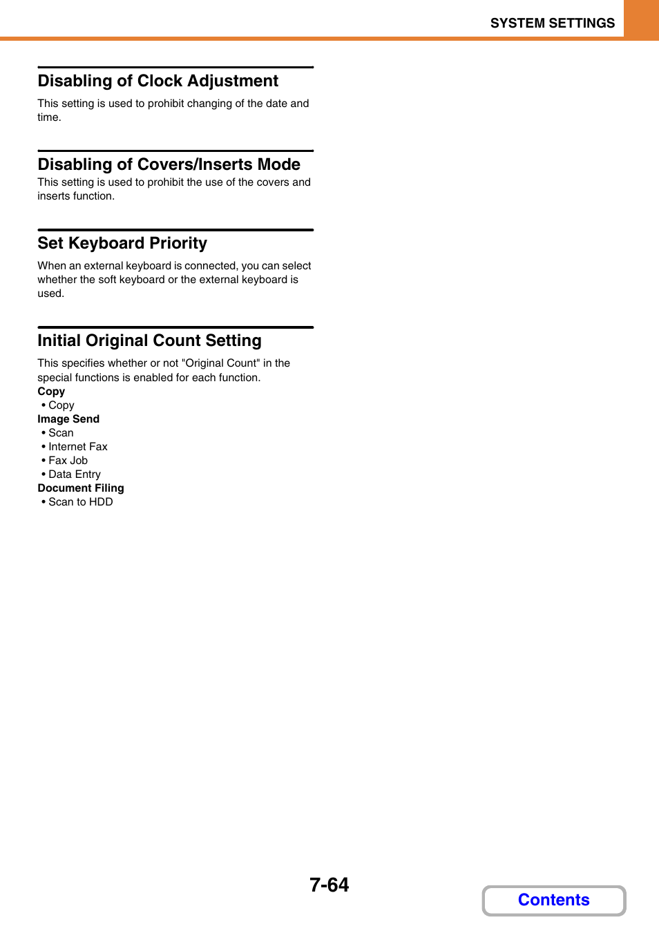 Disabling of clock adjustment, 64) has bee, Disabling of covers/inserts mode | Set keyboard priority, Initial original count setting, Contents disabling of clock adjustment | Sharp MX-2614N User Manual | Page 732 / 836