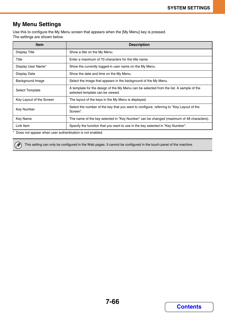 My menu settings, Contents my menu settings, System settings | Sharp MX-2614N User Manual | Page 734 / 836