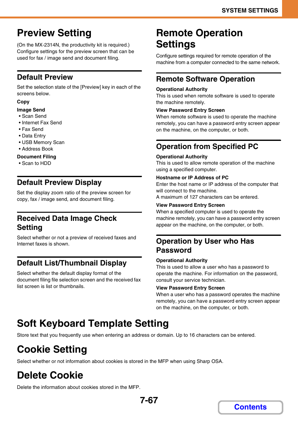 Remote operation settings, E 7-67), Settings | Soft keyboard template setting, Preview setting -67, Remote operation settings -67, Soft keyboard template setting -67, Preview setting, Cookie setting, Delete cookie | Sharp MX-2614N User Manual | Page 735 / 836