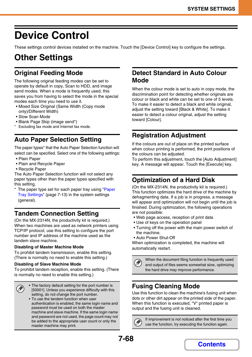 Device control -68, Other settings -68, Device control | Other settings, Original feeding mode, Auto paper selection setting, Tandem connection setting, Detect standard in auto colour mode, Registration adjustment, Optimization of a hard disk | Sharp MX-2614N User Manual | Page 736 / 836