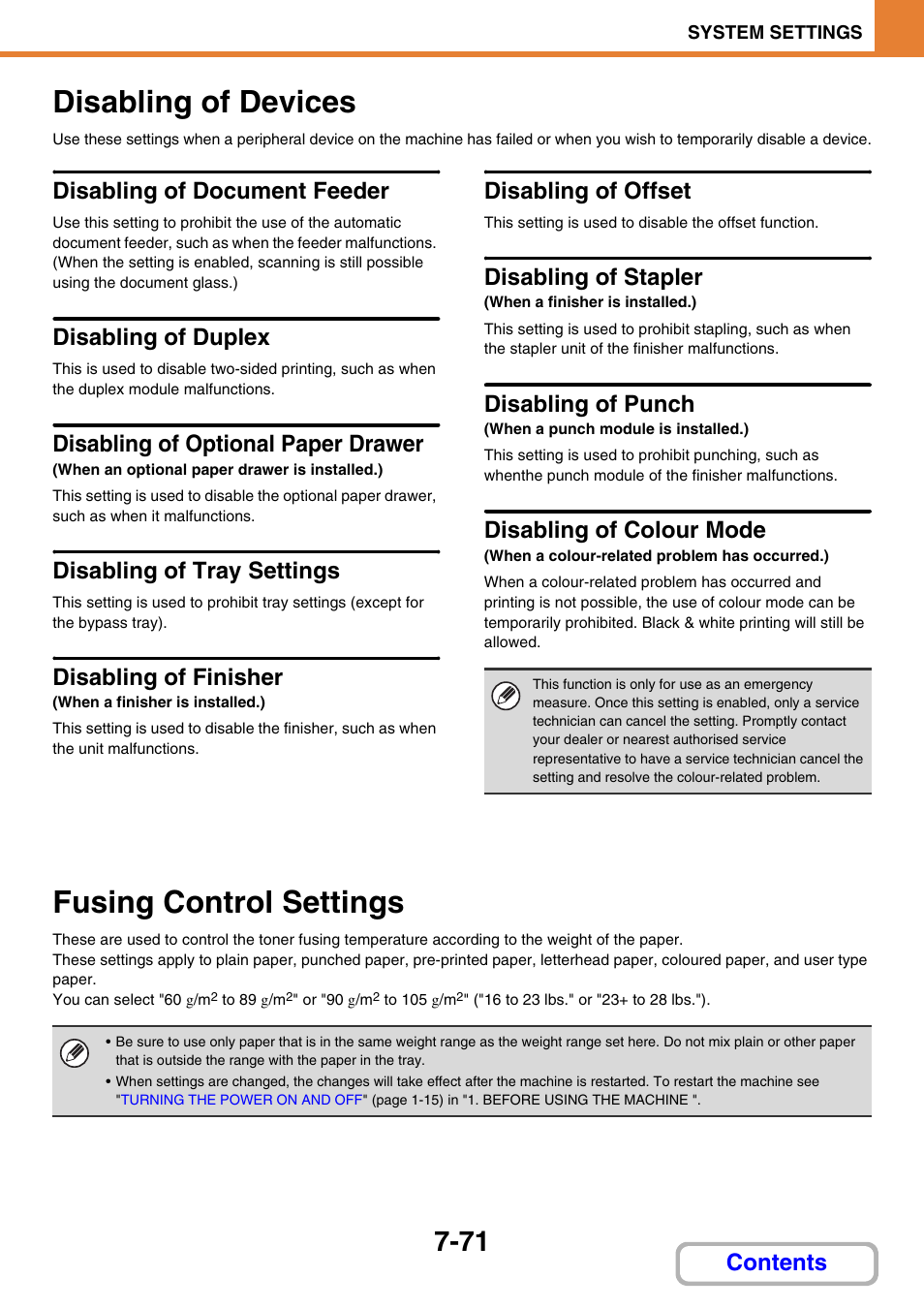 Disabling of devices -71, Fusing control settings -71, Disabling of tray settings | Disabling of devices, Disabling of document feeder, Disabling of duplex, Disabling of optional paper drawer, Disabling of finisher, Disabling of offset, Disabling of stapler | Sharp MX-2614N User Manual | Page 739 / 836