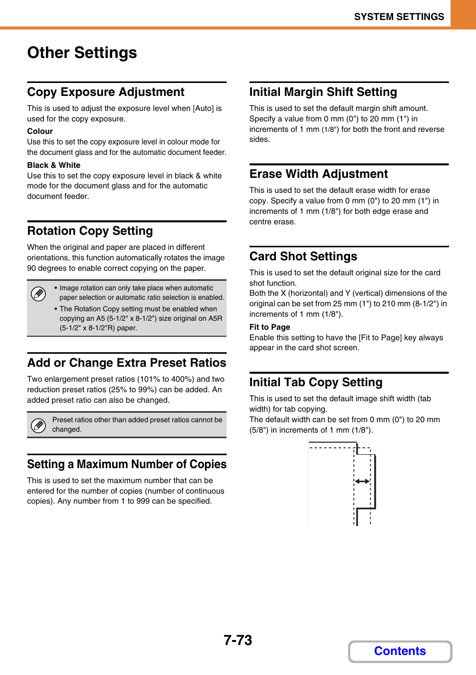 Other settings -73, Other settings, Copy exposure adjustment | Rotation copy setting, Add or change extra preset ratios, Setting a maximum number of copies, Initial margin shift setting, Erase width adjustment, Card shot settings, Initial tab copy setting | Sharp MX-2614N User Manual | Page 741 / 836