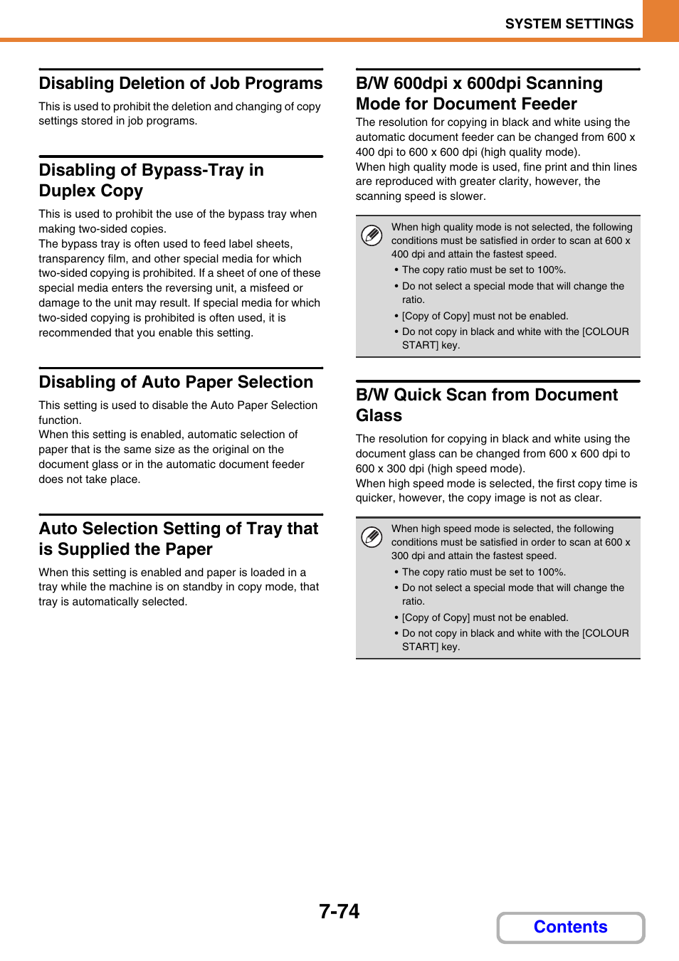 Disabling deletion of job programs, Disabling of bypass-tray in duplex copy, Disabling of auto paper selection | B/w quick scan from document glass, Contents disabling deletion of job programs | Sharp MX-2614N User Manual | Page 742 / 836