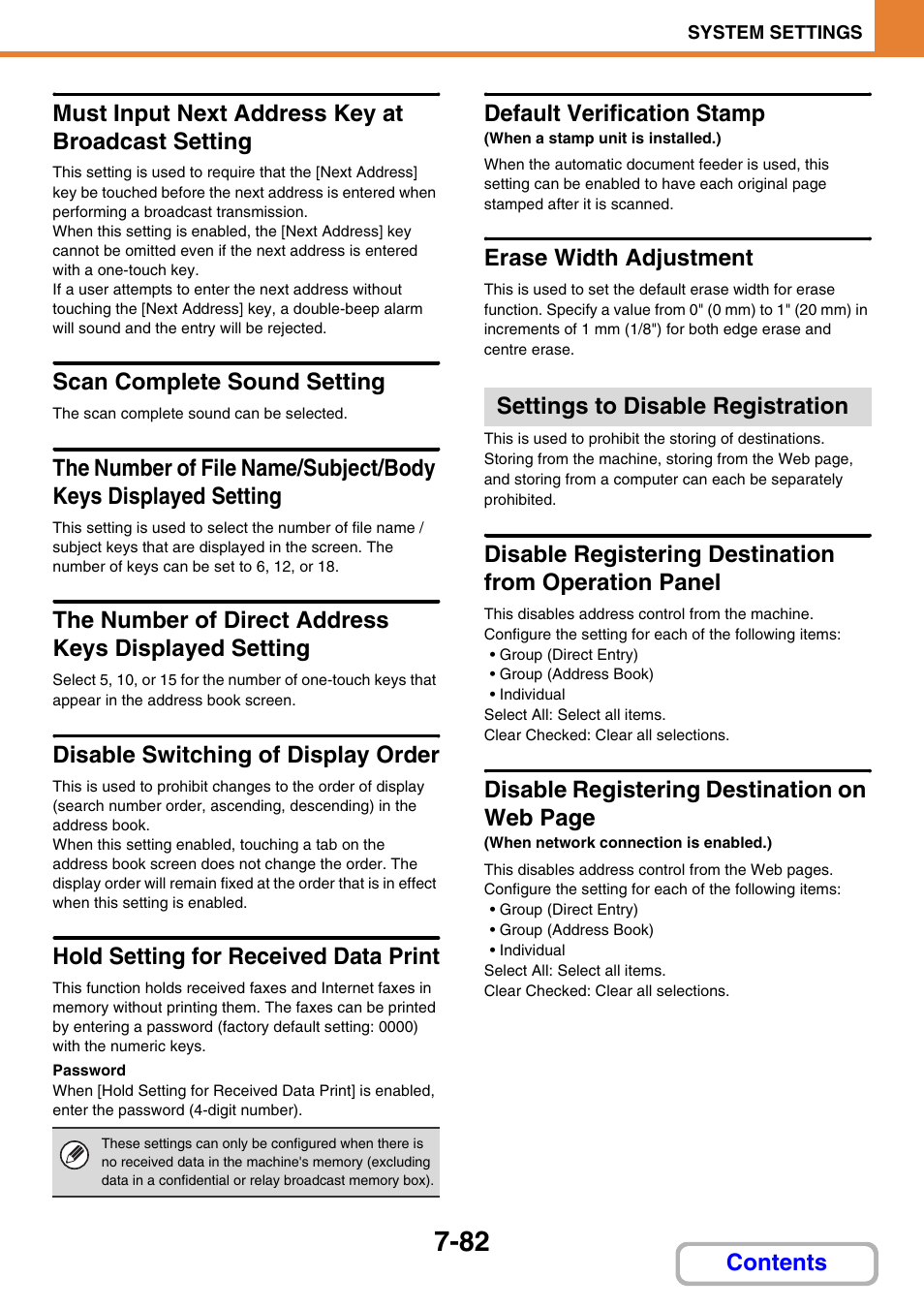 E 7-82), 82) is, Hold setting for received data print | Must input next address key at broadcast setting, Scan complete sound setting, Disable switching of display order, Default verification stamp, Erase width adjustment, Settings to disable registration, Disable registering destination on web page | Sharp MX-2614N User Manual | Page 750 / 836